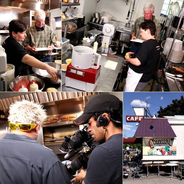 Colossal Cafe production crew filming Diner's, Drive-Ins and Dives.