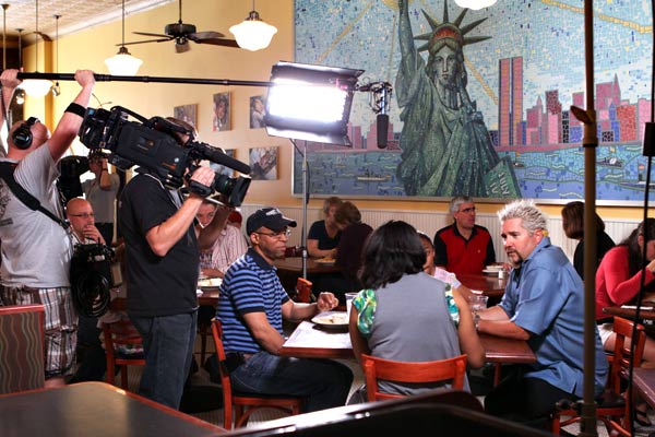 Filming a diner scene at Kramarczuk's in NE Minneapolis on set of Diners, Drive-Ins and Dives.