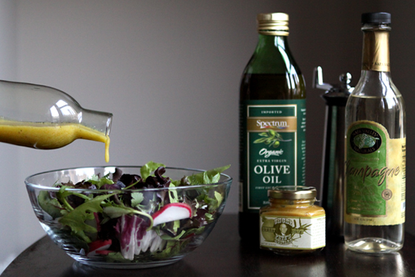 Green salad dressed with vinaigrette with Uncle Pete's Mustard