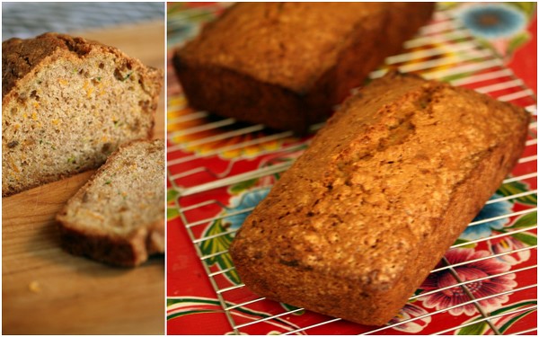 carrot zucchini bread with candied ginger collage, eating local cookbook