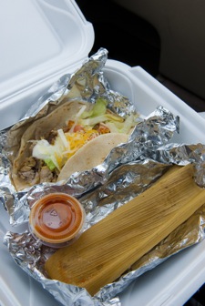A carnitas taco and tamale from St. Paul's Border Taco Truck.