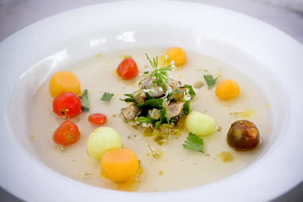 Chilled Heirloom Tomato and Musk Melon Water Soup