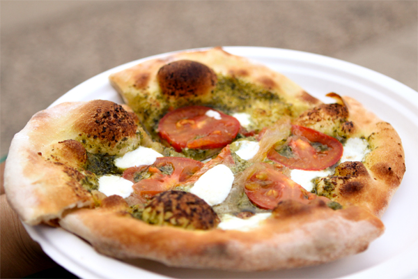 Pesto pizza from Olive Pizza at the Midtown Farmers Market in Minneapolis.