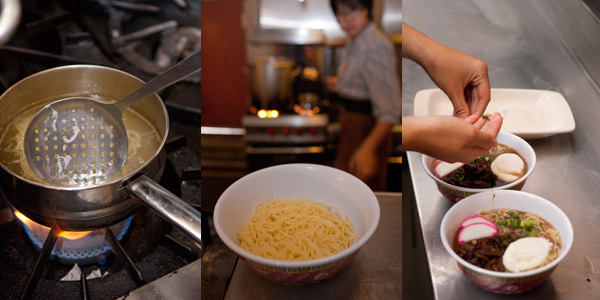 Constructing a bowl of ramen, step-by-step.