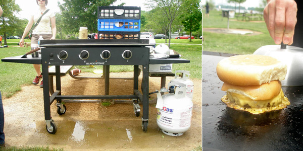 A Blackstone griddle and a hamburger in action.