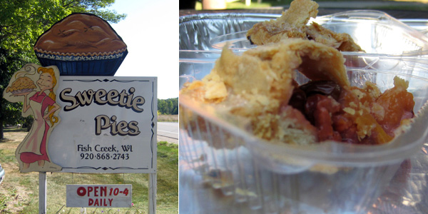 signage and peach/cherry pie at Sweetie Pies in Door County