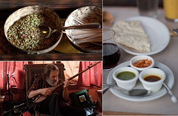 The breath refresher, papadum, and musician at Gandhi Mahal