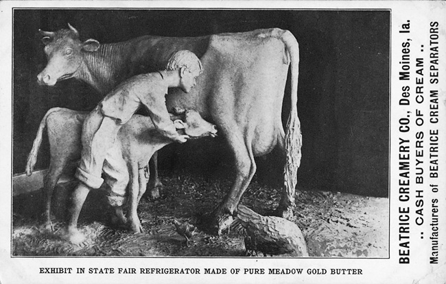 The 1911 Iowa State Fair featured John K. Daniels’s butter sculpture of a boy trying to get a calf to nurse. Visitors were given a souvenir postcard advertising the Beatrice Creamery Company, the sponsor of the display. Photo from author’s collection.