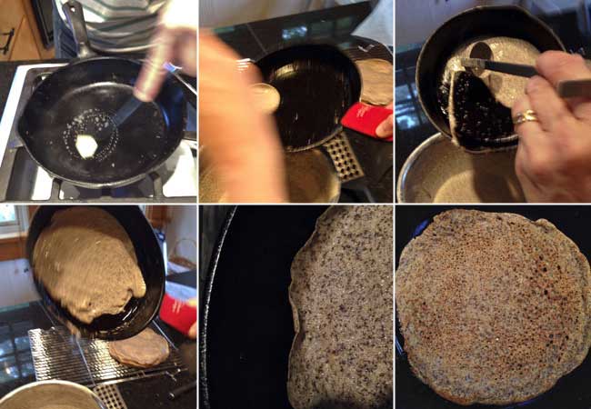 Steps in the making of buckwheat crepes