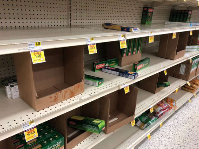 Empty pasta shelves at Cub Foods on 26th Ave. South in Minneapolis.